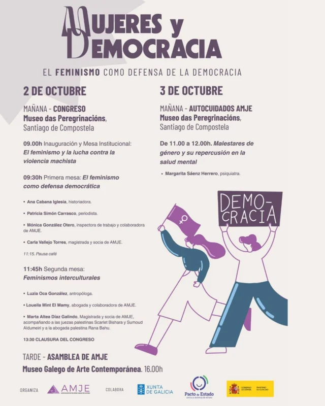 ¡Aquí está el programa del VIII Congreso de AMJE!
El día 2, os invitamos a las dos mesas de debate en las que los feminismos y la democracia estarán el centro y en las que participarán expertas de diferentes ámbitos. ⚖️
También celebraremos la asamblea de AMJE y hablaremos sobre los malestares de género y su repercusión en la salud mental.💬
Unas jornadas para aprender, compartir y cuidarnos.💜
El programa y toda la información también en la web 👉 https://www.mujeresjuezas.es/2025/09/11/viii-congreso-de-amje-mujeres-y-democracia-el-feminismo-como-defensa-de-la-democracia/
Gracias a Fusa Estudio Creativo @fusa.studio por el maravilloso diseño del cartel.✨
#mujeresjuezas #VIIICongresoAMJE #MujeresyDemocracia #perspectivadegenero #Palestina #feminismos #feminismo #democracia